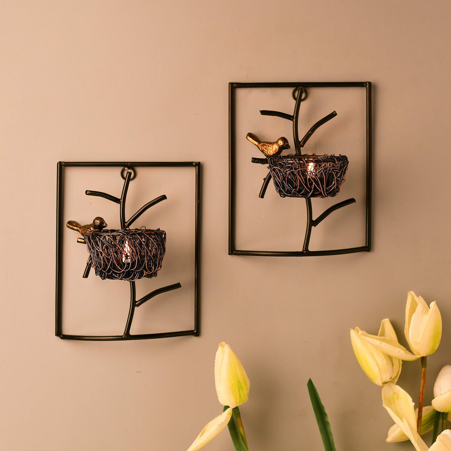 Homesake® Decorative Wall Bird with Nest Leaf Tealight Holder, Antique Metal Wall Scone Candle Holder, Wall Decoration for Living Room Bedroom