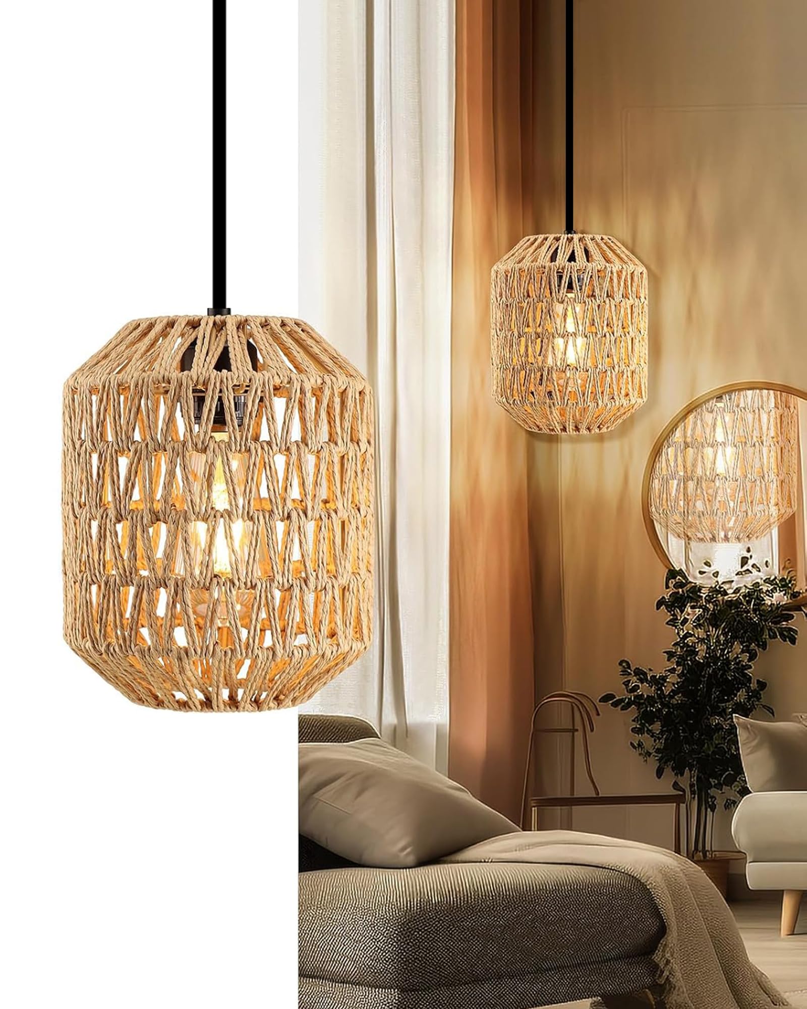 Homesake® Rattan Seagrass Raffia Kauna Paper Grass Wicker Lamp Premium Pendant Light | Livra Hanging Ceiling Lamp Handwoven, Paper Rope Boho Hand-Woven Lampshade for Home Decor, Beige, pumpkin