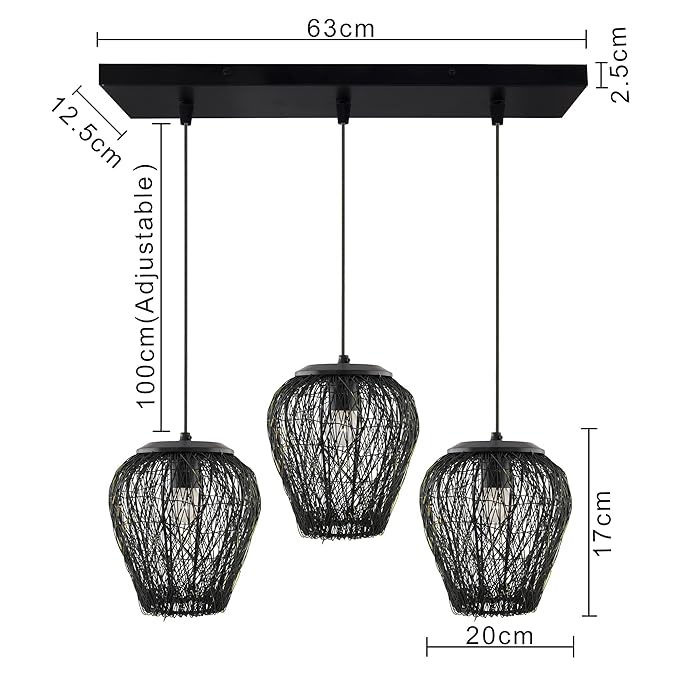 3-Lights Cluster Chandelier Black Steel Wire Mesh Pendant, Decorative, Black, URBAN Retro, Nordic Style, LED/Filament Bulb