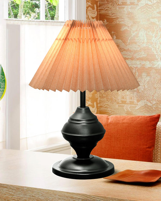 Bedside Black Metal Table Lamp with Fabric Shade, E27 holder, Urn, Pleated Jute Shade