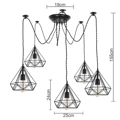 Spider Chandelier Diamond Lamp, Vintage Edison Style E 27 Adjustable DIY Ceiling Pendant Light, E27 Rustic Cluster Hanging Light(1.25 M, Black Twisted Wire)