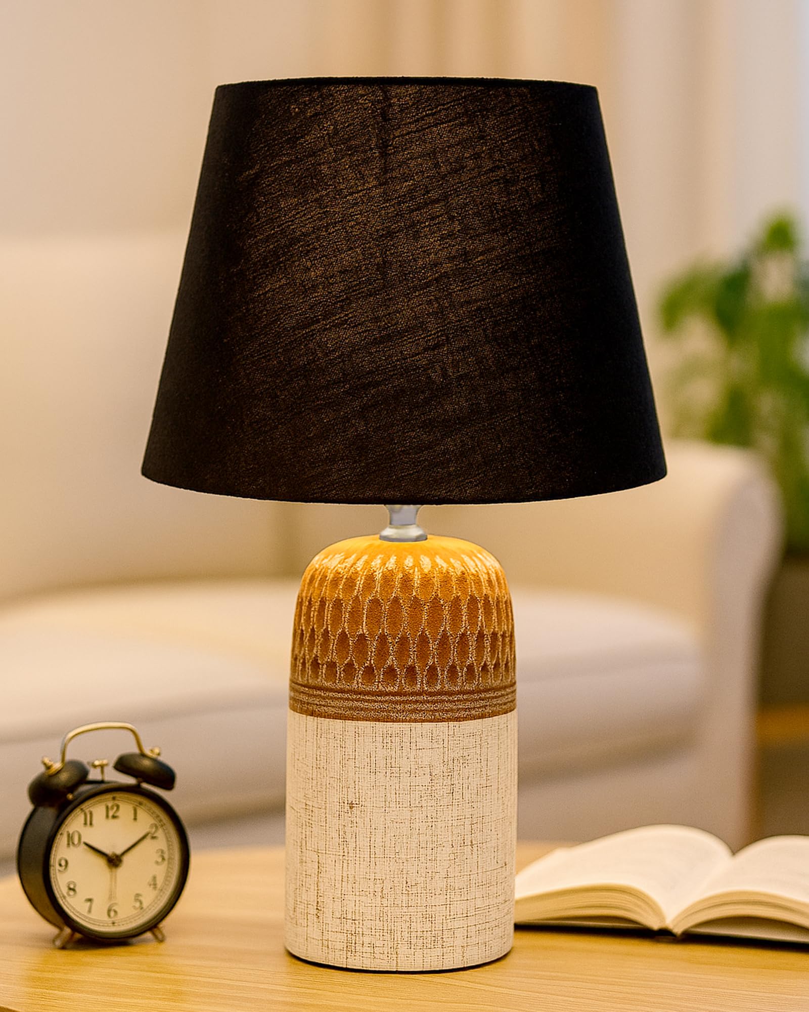 Homesake® Modern Ceramic Table Lamp with Fabric Shade, Minimal Bedside Lamp for Living Room & Bedroom, Brown Carved Honeycomb Pattern, Khadi Frill,