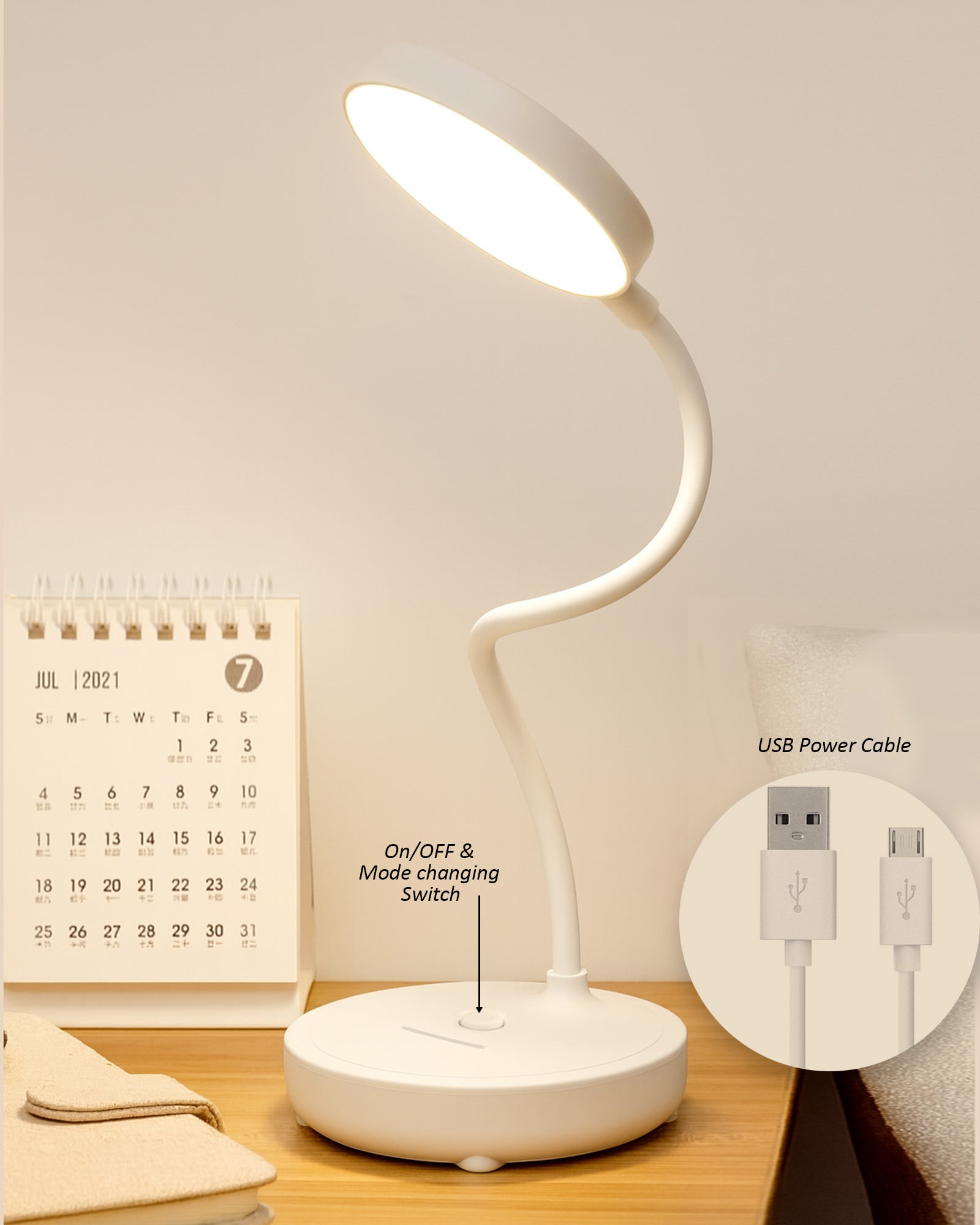 Desk Lamp Rechargeable Battery Operated 3 Level Brightness Study Table Lamp for Students, Study Lamp for Office Table, Night Light for Study Room | Reading Light with Mobile Stand, White