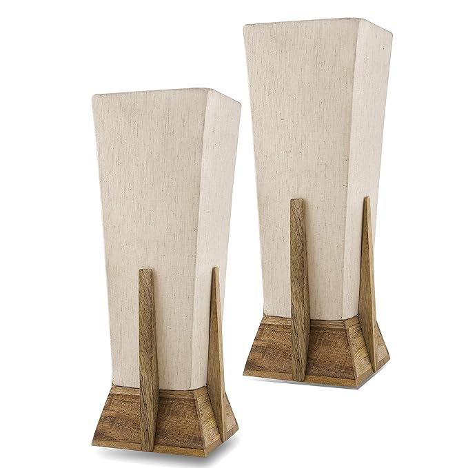 Homesake® Bedside Table Lamp, Retro Style  Wood Pyramid Table Lamp with Khadi Fabric Shade, Nightstand Mini Desk Lamps for Bedroom, Living Room, Baby Room, Bookcase SET OF 2