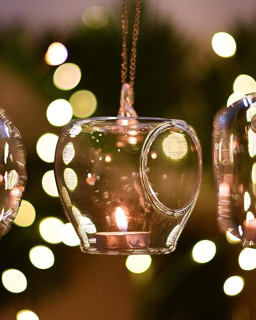 Glass Apple borosil, Tea Light, Hanging candles, Planters for Indoor and Outdoor Decoration pots for Plants Home Decor, with metal hanging chain, set of 2