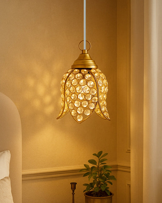 Crystal Pendant Light | Modern LED Ceiling Fixture | Chandelier Style | Warm White | Stylish Interior Lighting | Living Room, Bedroom, Dining Room Light | Contemporary Home Decor (Golden)