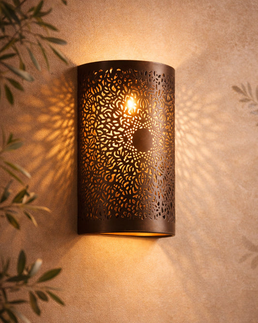 Moroccan filgree wall lamp, antique brass finish