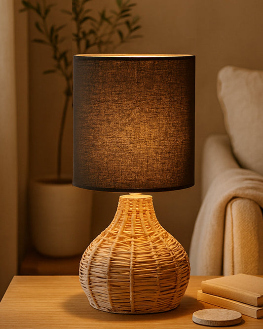 Homesake® Raffia Rattan Table Lamp, Small Nightstand Lamp with Linen Fabric Lampshade, Bedside Lamp for Bedroom, Living Room, Study & Livra Home Décor | Warm Ambient Lighting (Spinning, Jute)