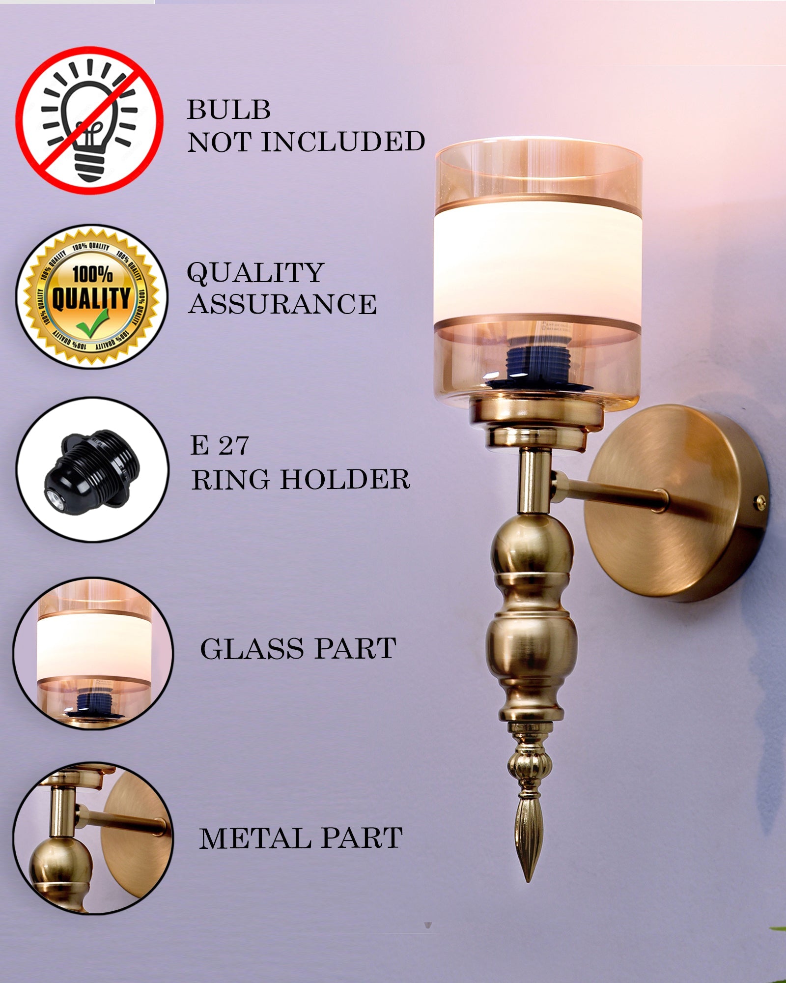Mid-Century Modern Metal and Glass Wall Light, Brushed Gold, Lamp Fixture for Bedroom Vanity Bathroom Hotel, Wall Scone Torch