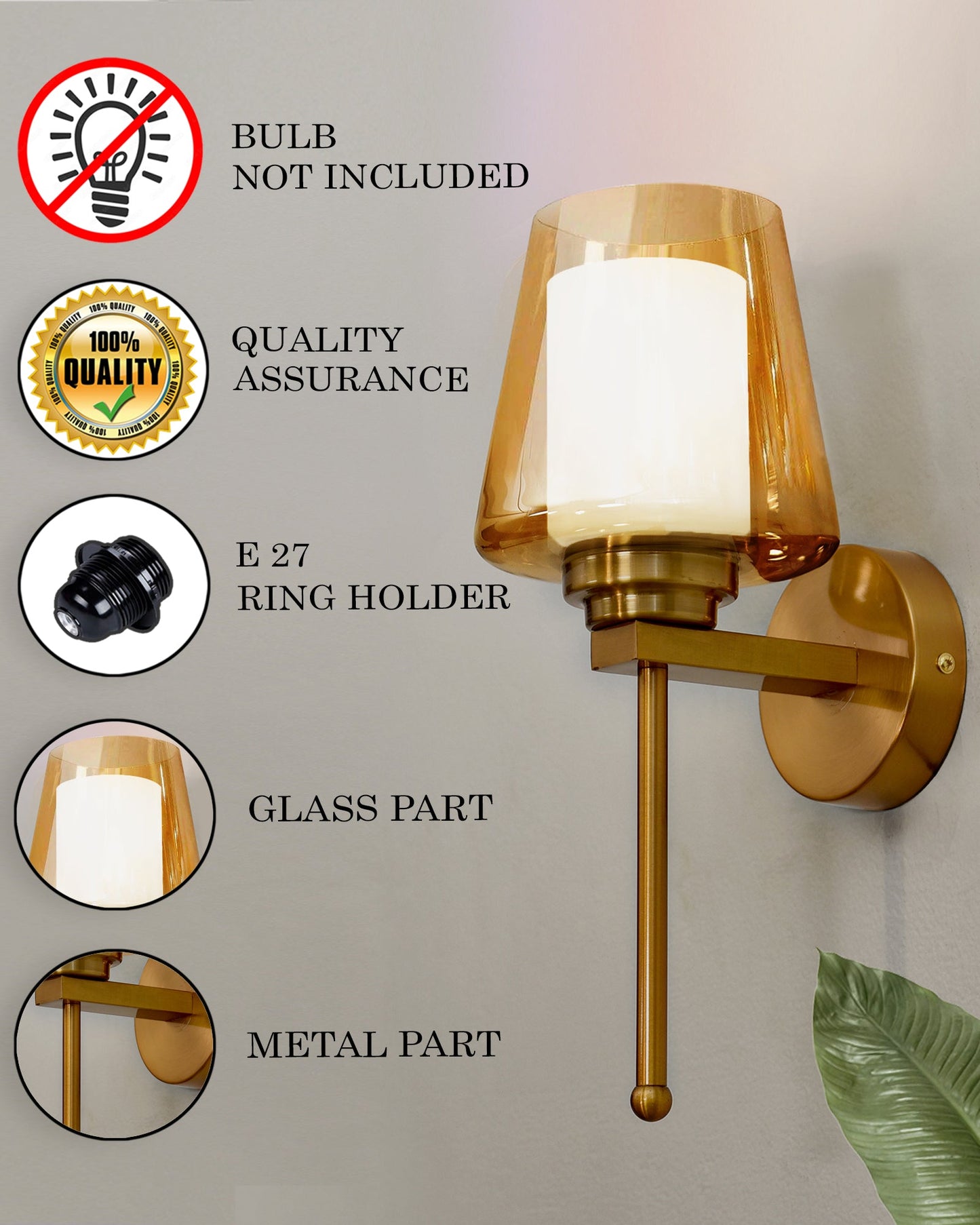 Mid-Century Modern Metal and Glass Wall Light, Brushed Gold, Lamp Fixture for Bedroom Vanity Bathroom Hotel, Wall Scone Torch