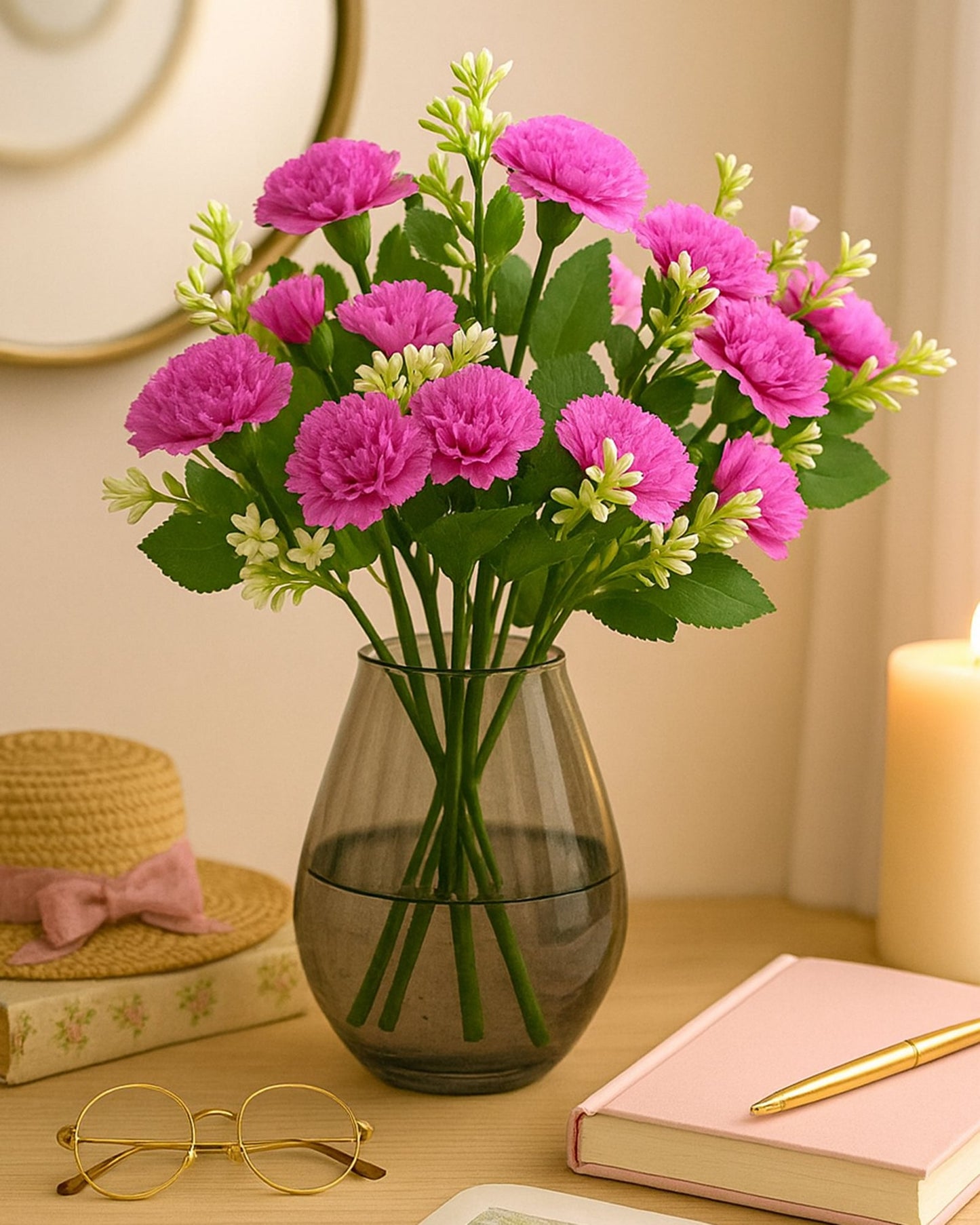 Homesake® Artificial Carnation Flowers with Greenery, Faux Floral Bouquet for Home Decor, Table Centerpiece, Living Room, or Gift, Pot Not Included, Realistic Silk Flowers Arrangement, Yellow