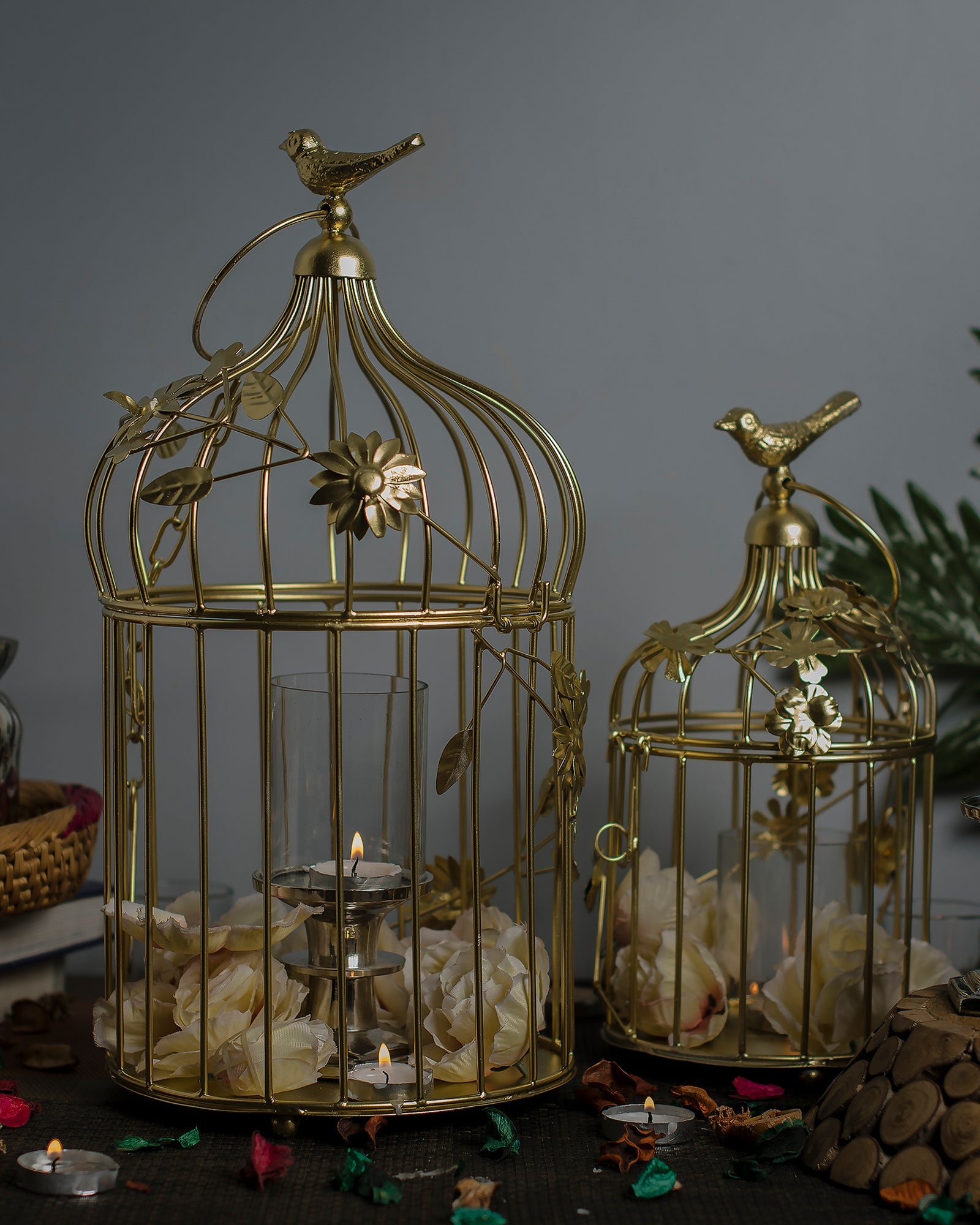 White Bird Cage with Floral Vine (Set of 2), with hanging chain