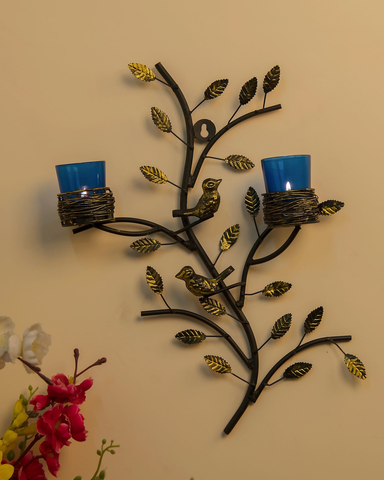Tree with Bird Nest Votive Stand Blue, Wall Candle holder and Tealight candles