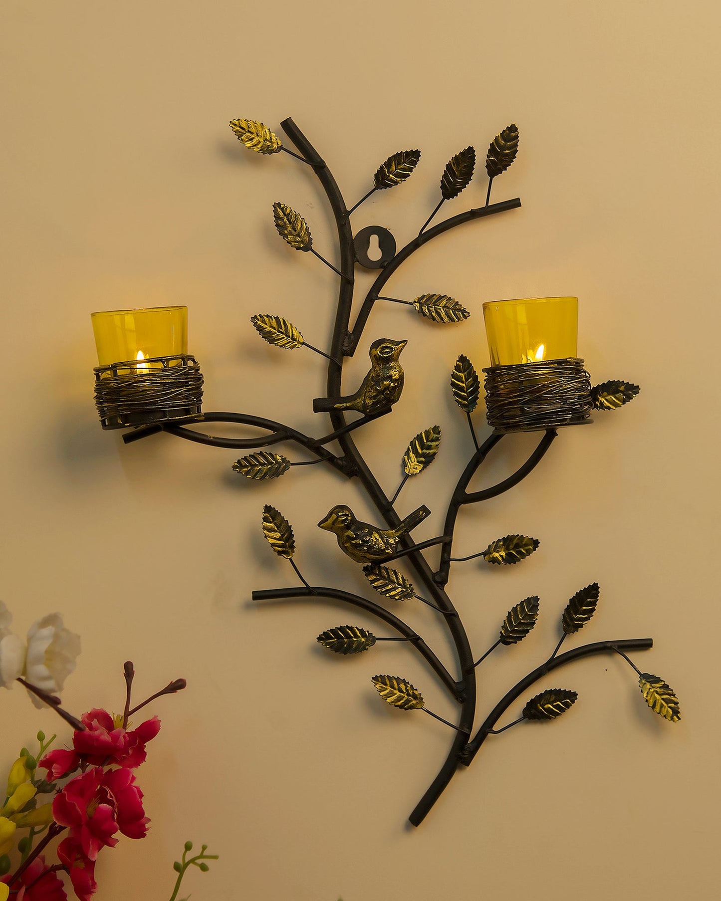Tree with Bird Nest Votive Stand Blue, Wall Candle holder and Tealight candles