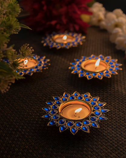 Crystal Diya with T-Light- Set of Four,candle holder stand with free candle