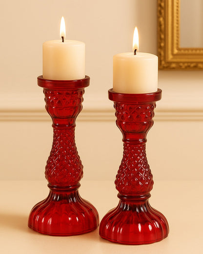 Solid Glass candle Stand Carved  (Set of 2)
