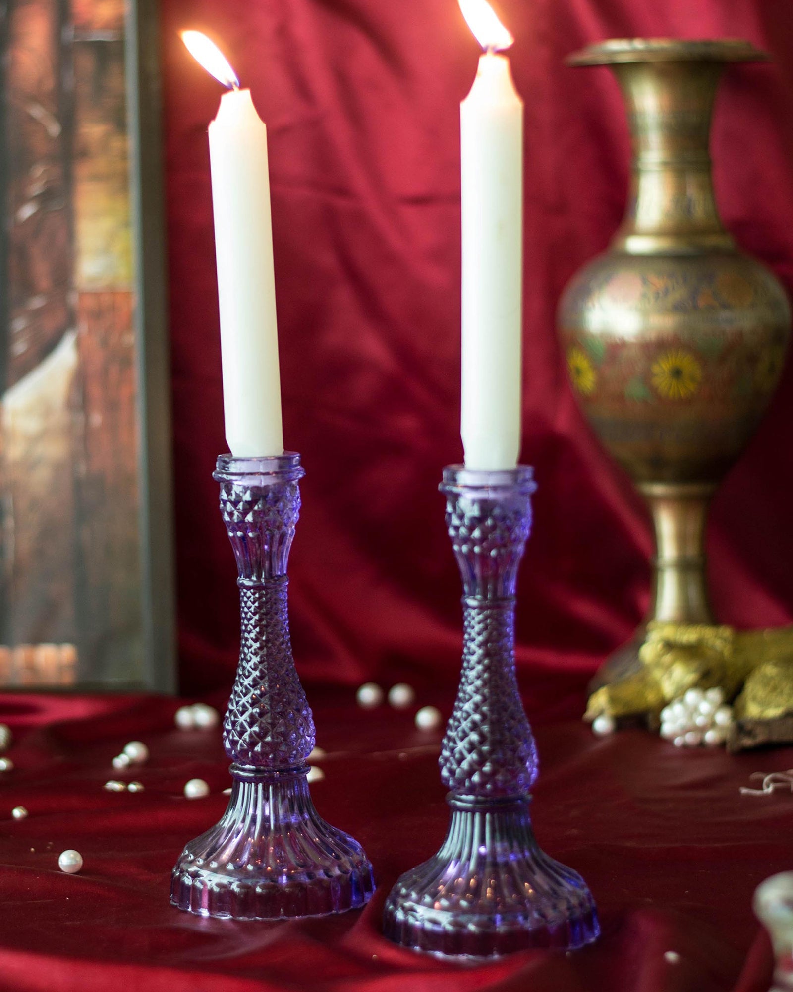 Solid Glass candle Stand Carved  (Set of 2)