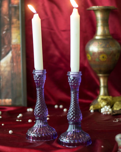 Solid Glass candle Stand Carved  (Set of 2)