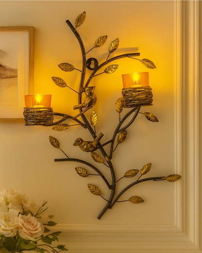 Copper Tree with Bird Nest Votive Stand , Wall Candle Holder and Tealight Candles, Rose Gold
