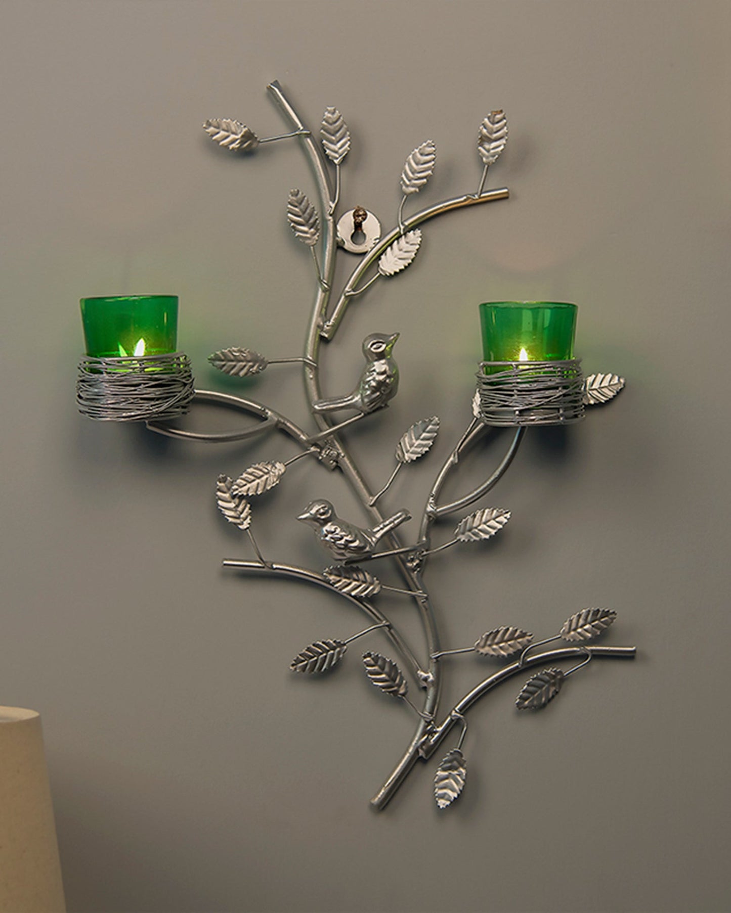 Silver Tree with Bird Nest Votive Stand , Wall Candle Holder and Tealight Candles