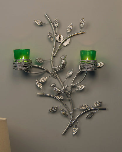 Silver Tree with Bird Nest Votive Stand , Wall Candle Holder and Tealight Candles