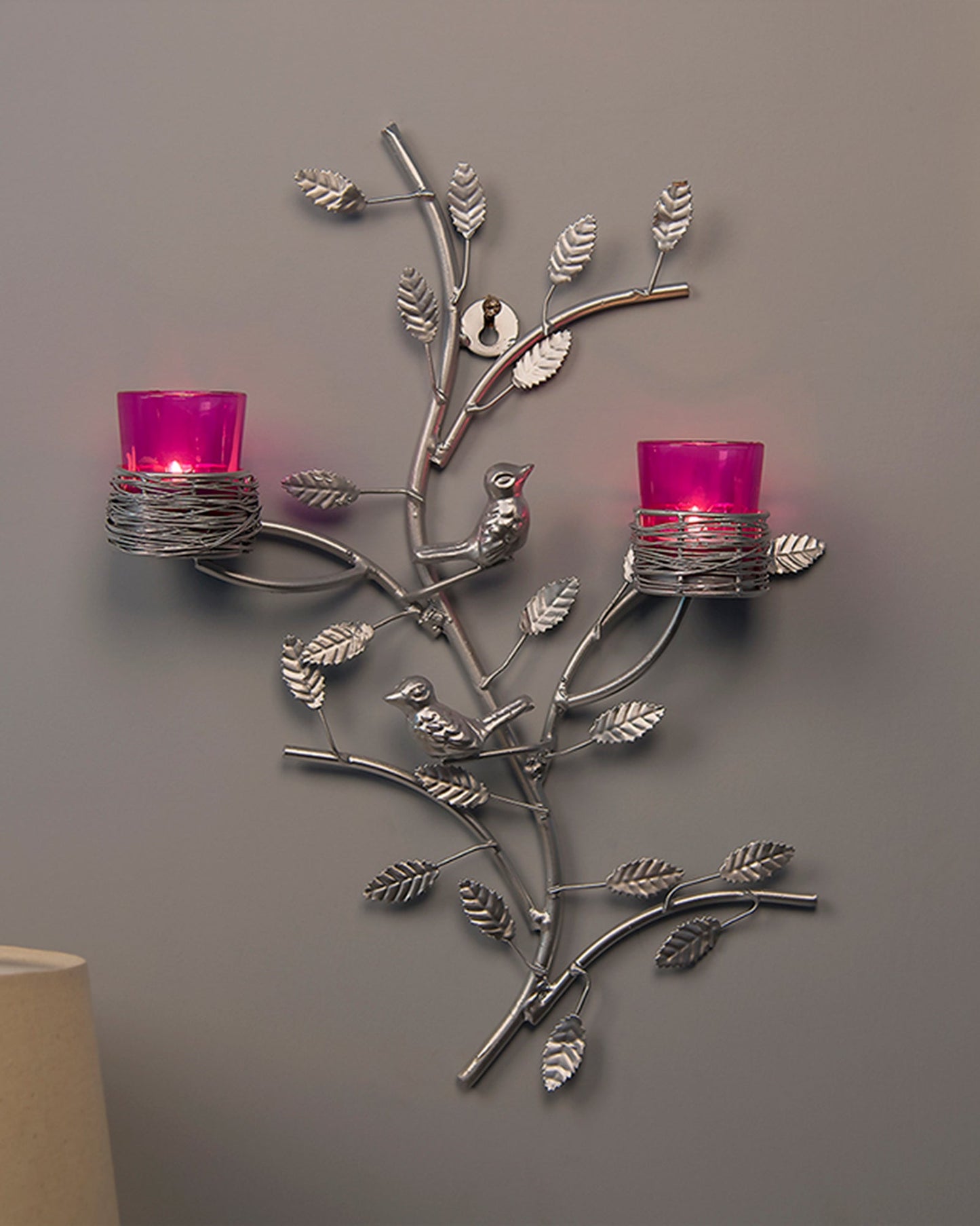 Silver Tree with Bird Nest Votive Stand , Wall Candle Holder and Tealight Candles