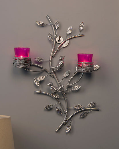 Silver Tree with Bird Nest Votive Stand , Wall Candle Holder and Tealight Candles