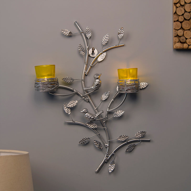 Silver Tree with Bird Nest Votive Stand , Wall Candle Holder and Tealight Candles