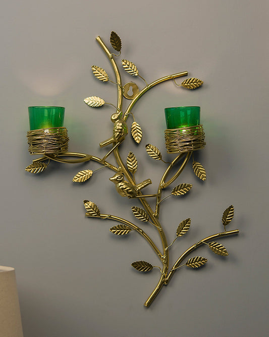 Golden Tree with Bird Nest Votive Stand Green, Wall Candle Holder and Tealight Candles