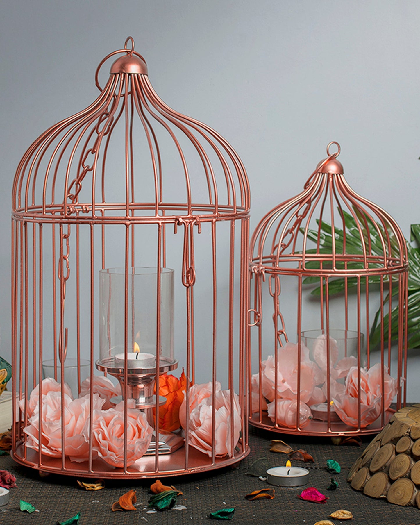 Homesake® Copper Bird Cage(Set of 2), with Hanging Chain, Home Décor, Living Room & Festive Use
