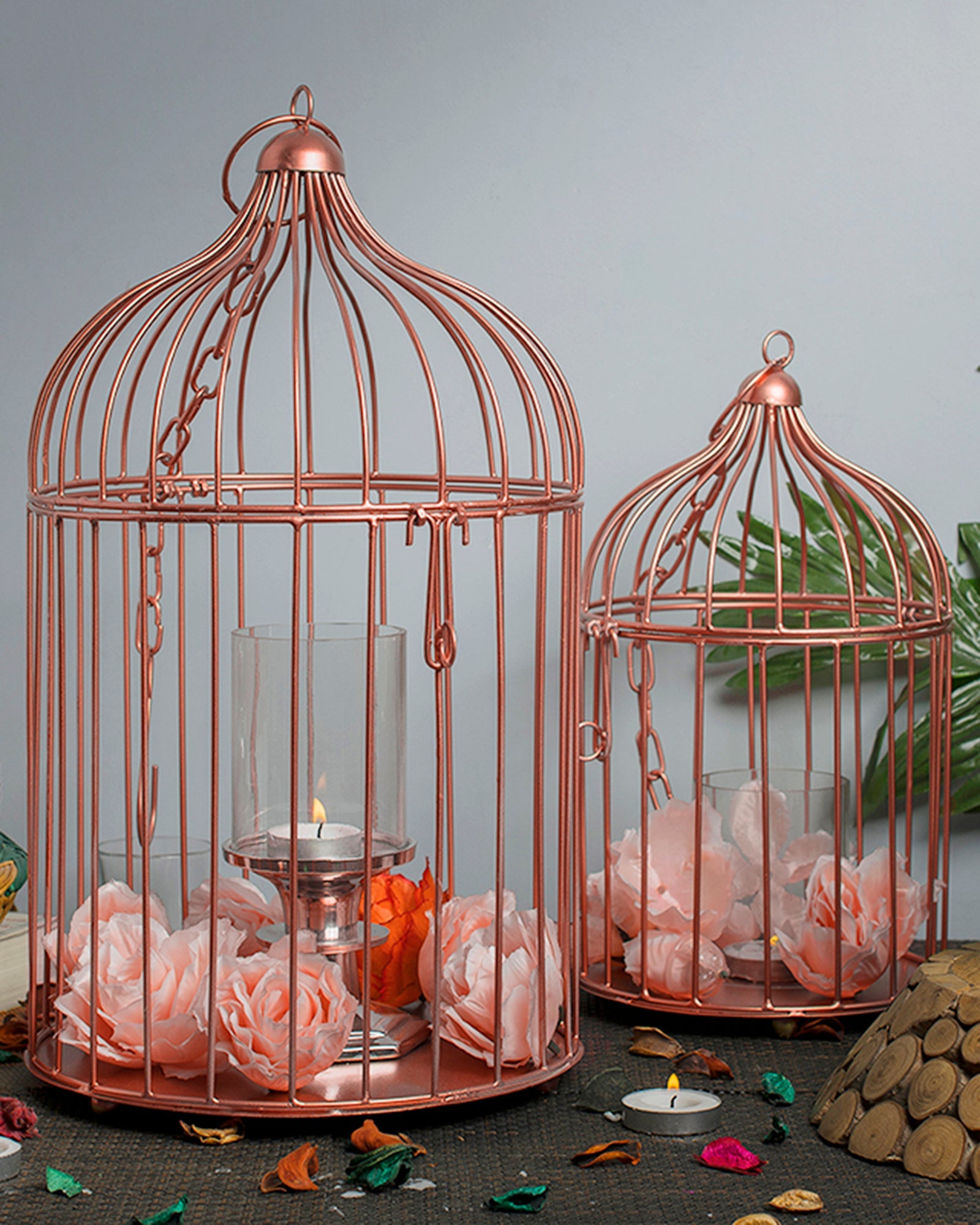 Homesake® Copper Bird Cage(Set of 2), with Hanging Chain, Home Décor, Living Room & Festive Use