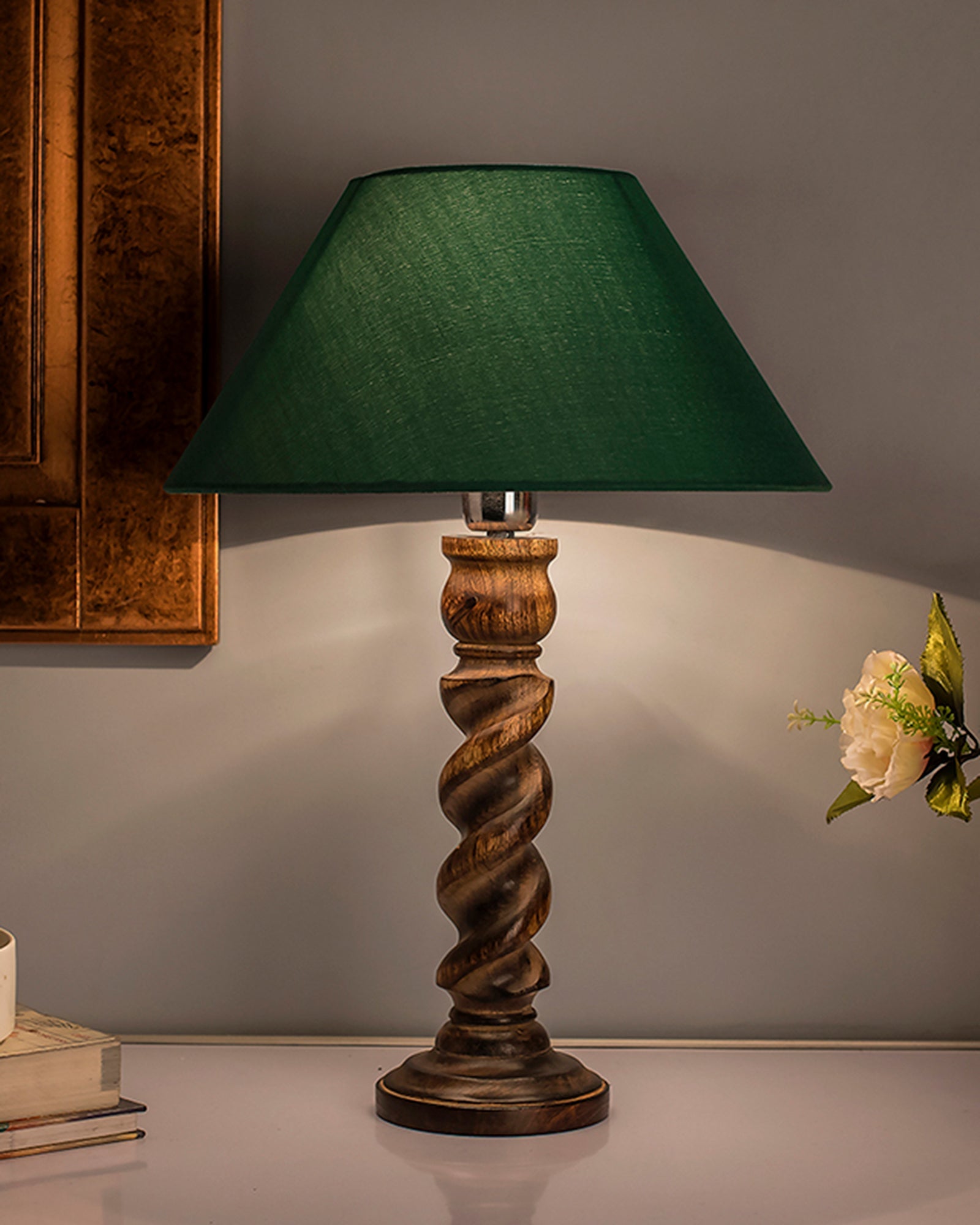 Classic Black Twister Table Lamp With Green Shade