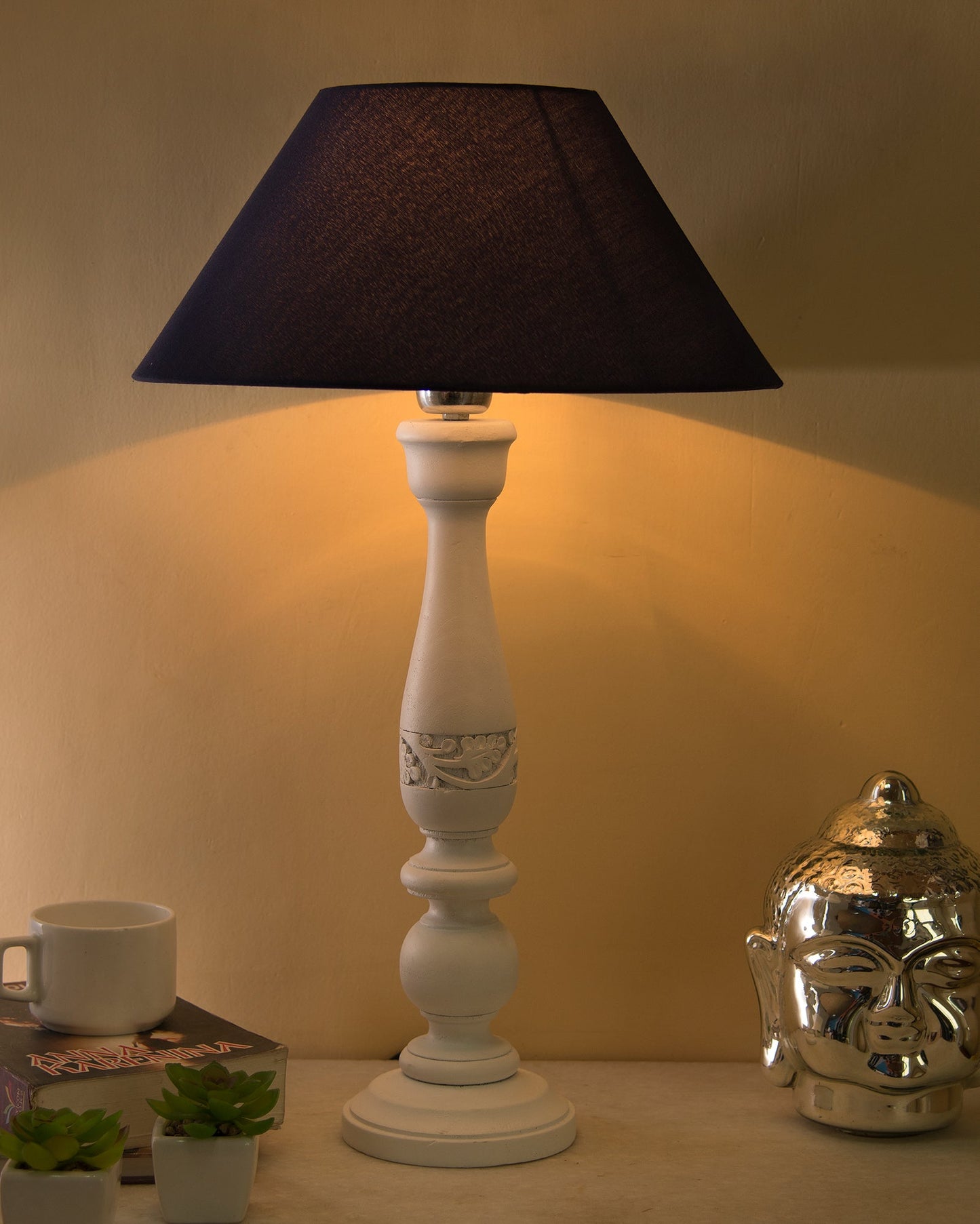 Floral Carved White Wood Table Lamp With Blue Shade
