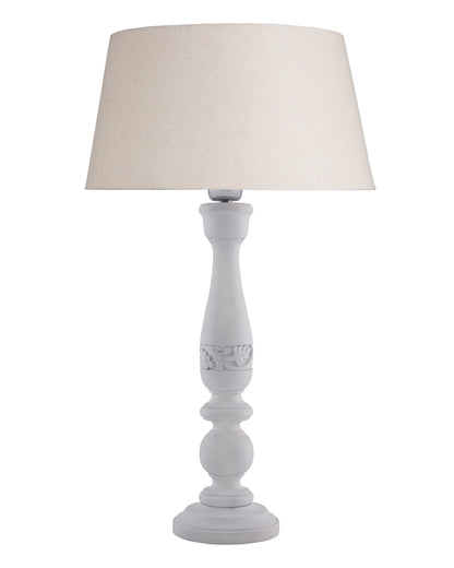 Floral Carved White Wood Table Lamp With Blue Shade
