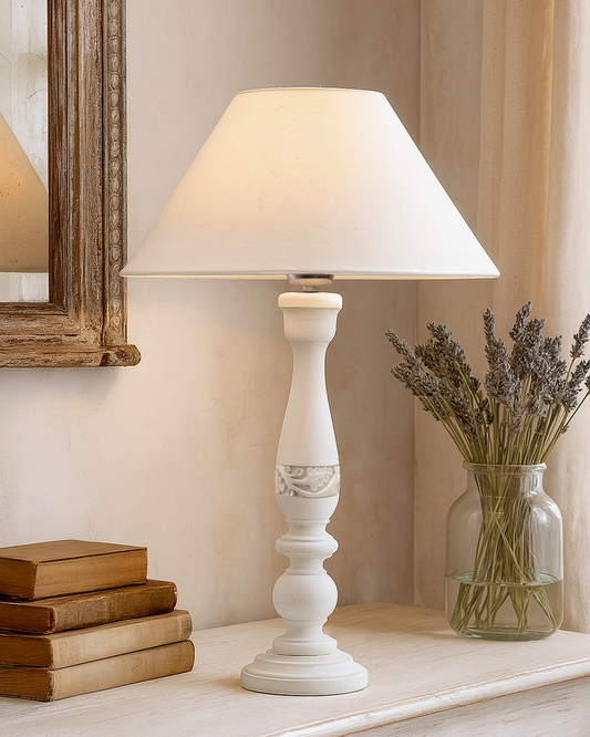 Floral Carved White Wood Table Lamp With Blue Shade