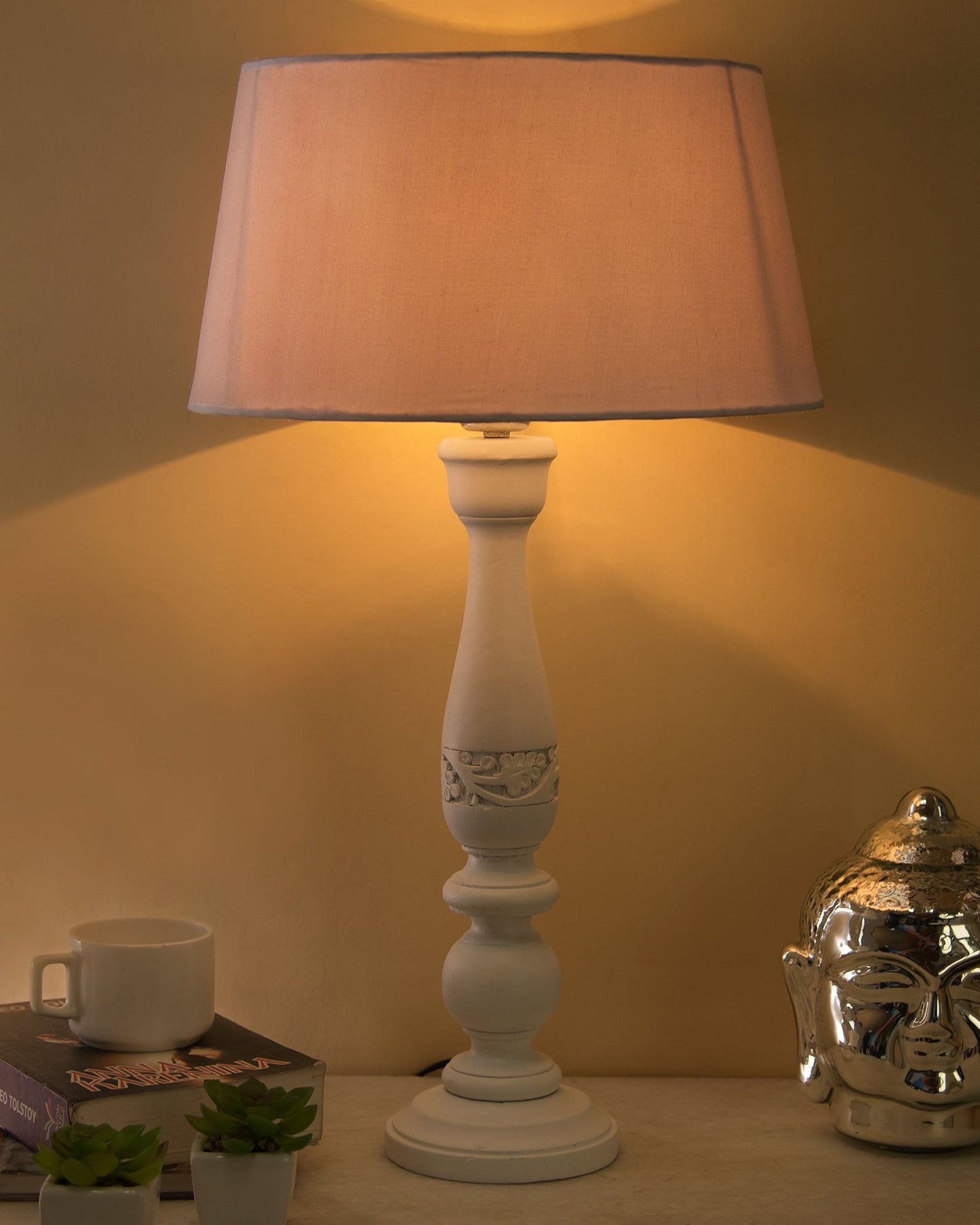 Floral Carved White Wood Table Lamp With White Drum Shade