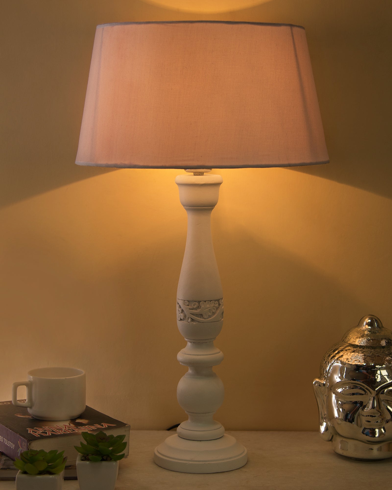 Floral Carved White Wood Table Lamp With White Drum Shade