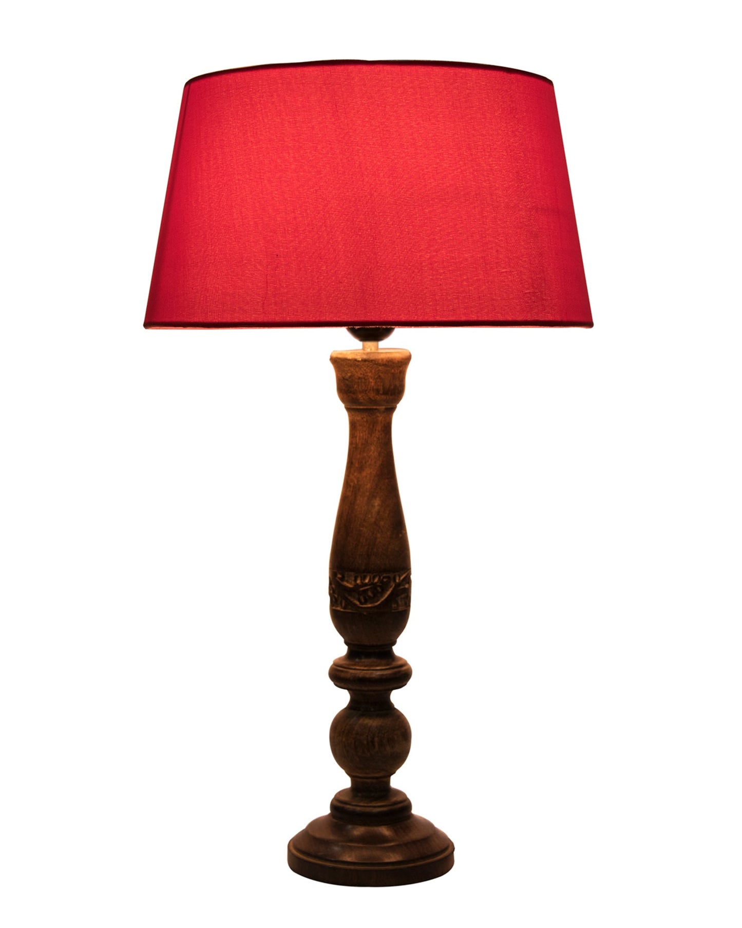 Floral Carved Black Wood Table Lamp With Drum Shade