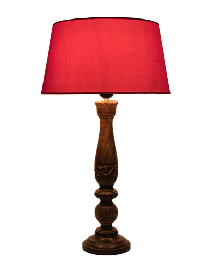 Floral Carved Black Wood Table Lamp With Drum Shade