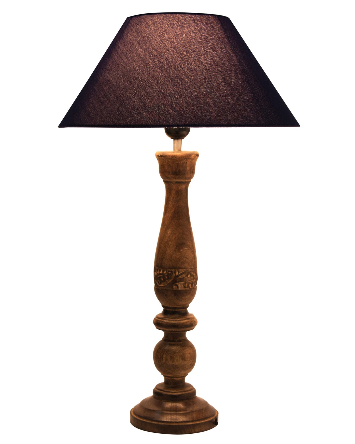 Floral Carved Black Wood Table Lamp With Drum Shade