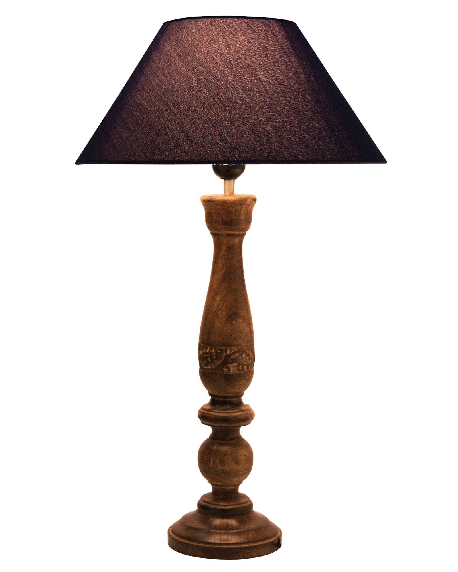 Floral Carved Black Wood Table Lamp With Drum Shade