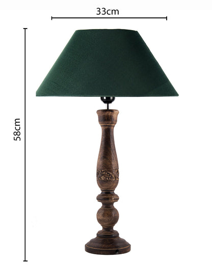 Floral Carved Black Wood Table Lamp With Drum Shade