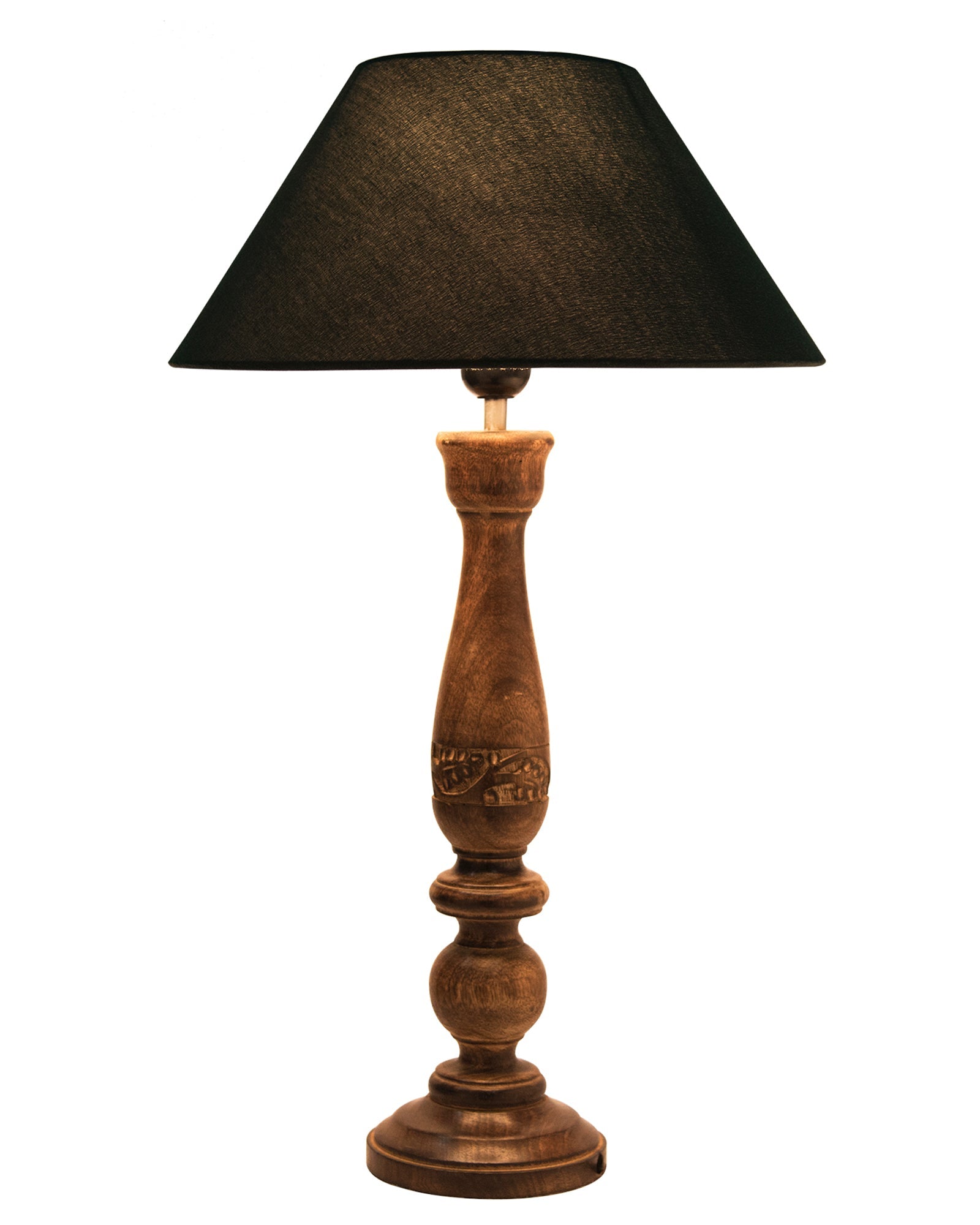 Floral Carved Black Wood Table Lamp With Drum Shade