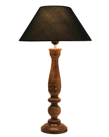 Floral Carved Black Wood Table Lamp With Drum Shade