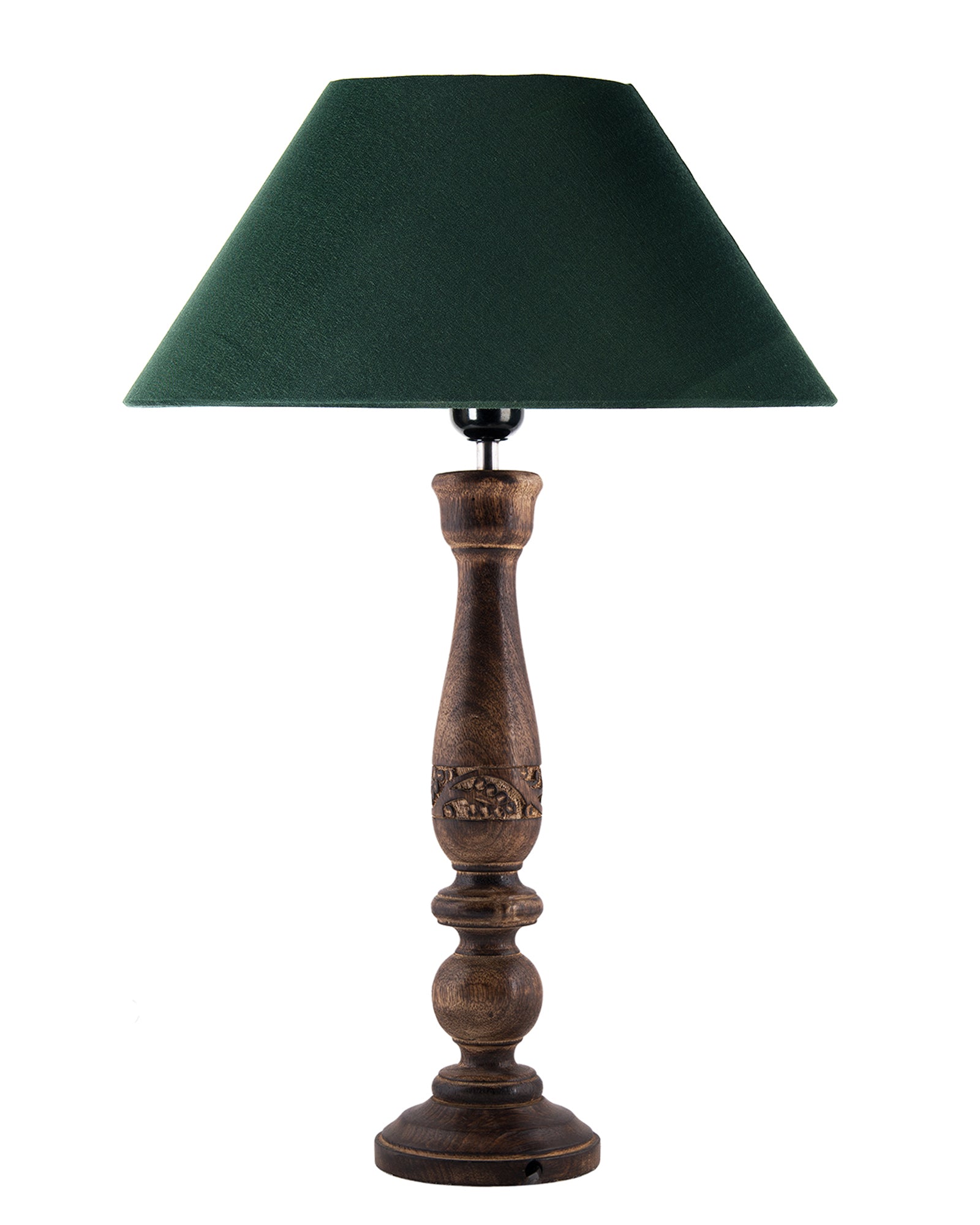Floral Carved Black Wood Table Lamp With Drum Shade