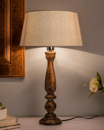 Floral Carved Black Wood Table Lamp With Drum Shade