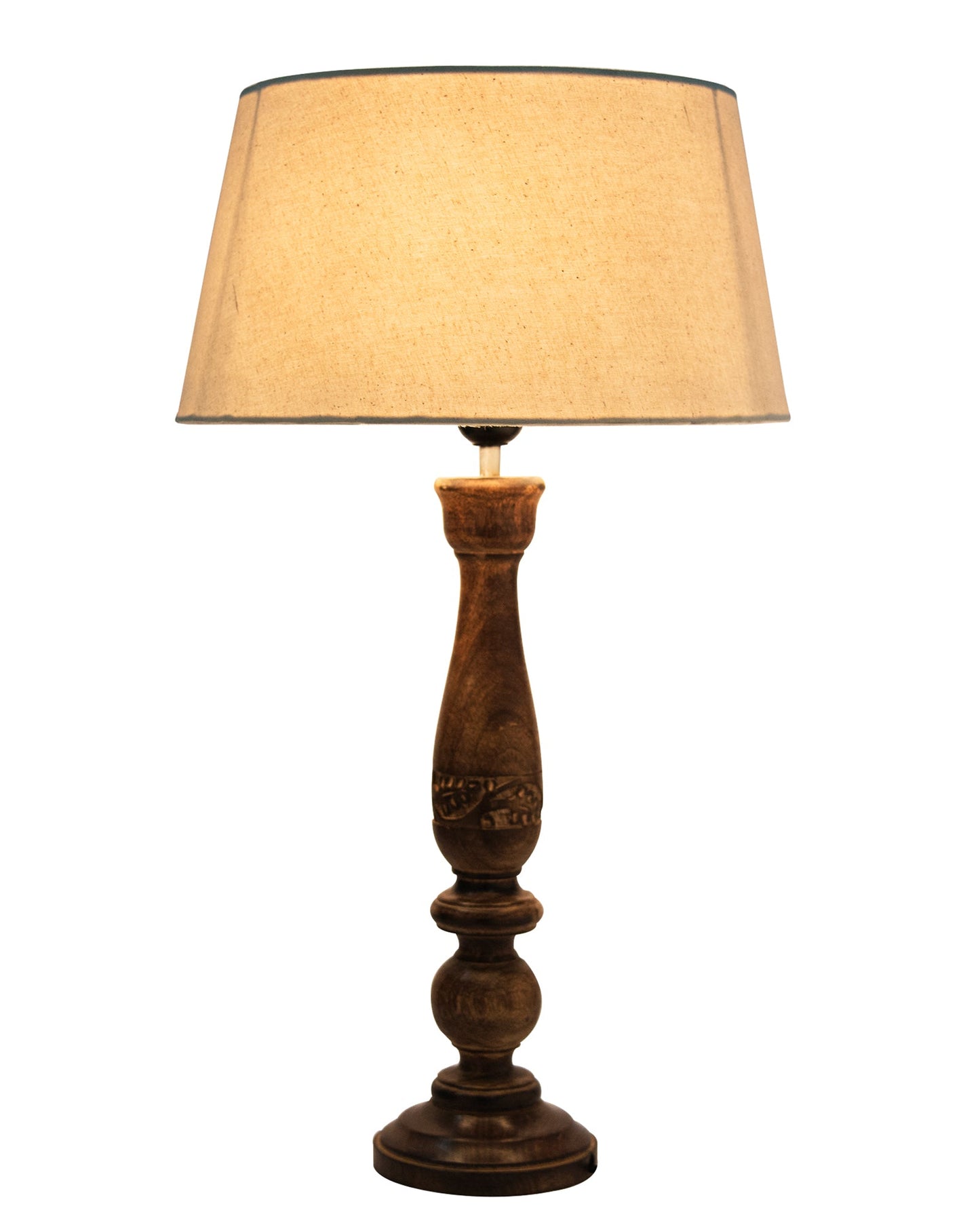 Floral Carved Black Wood Table Lamp With Drum Shade