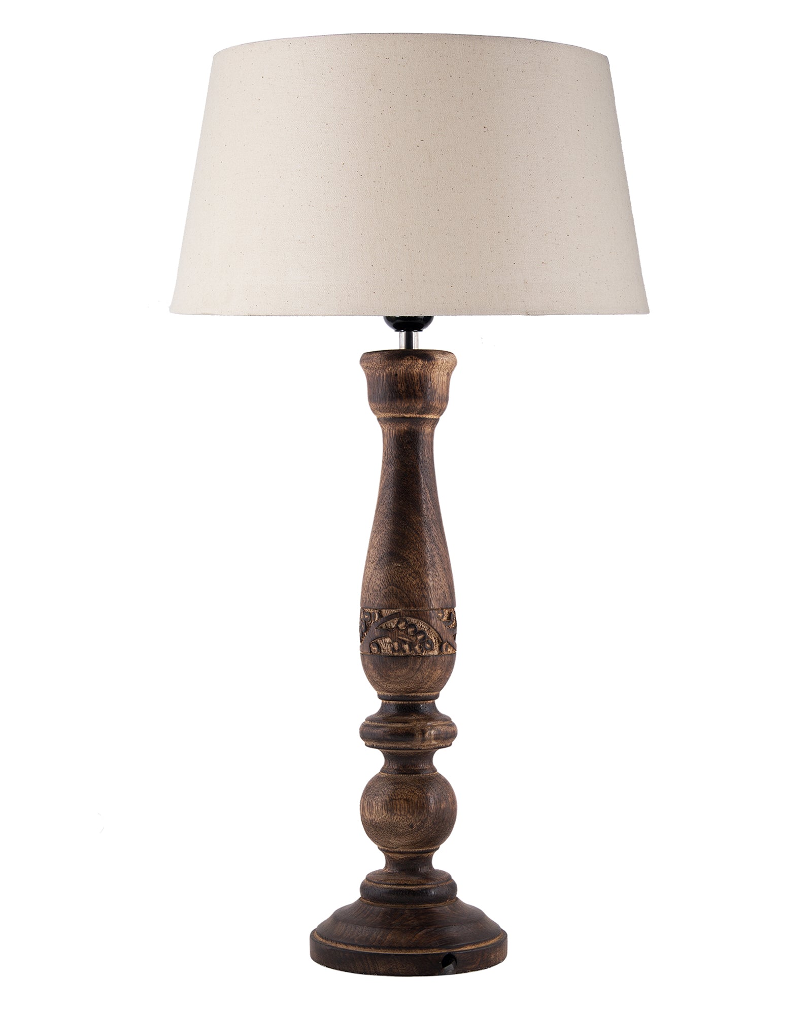 Floral Carved Black Wood Table Lamp With Drum Shade