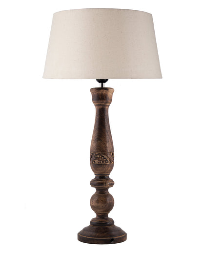 Floral Carved Black Wood Table Lamp With Drum Shade