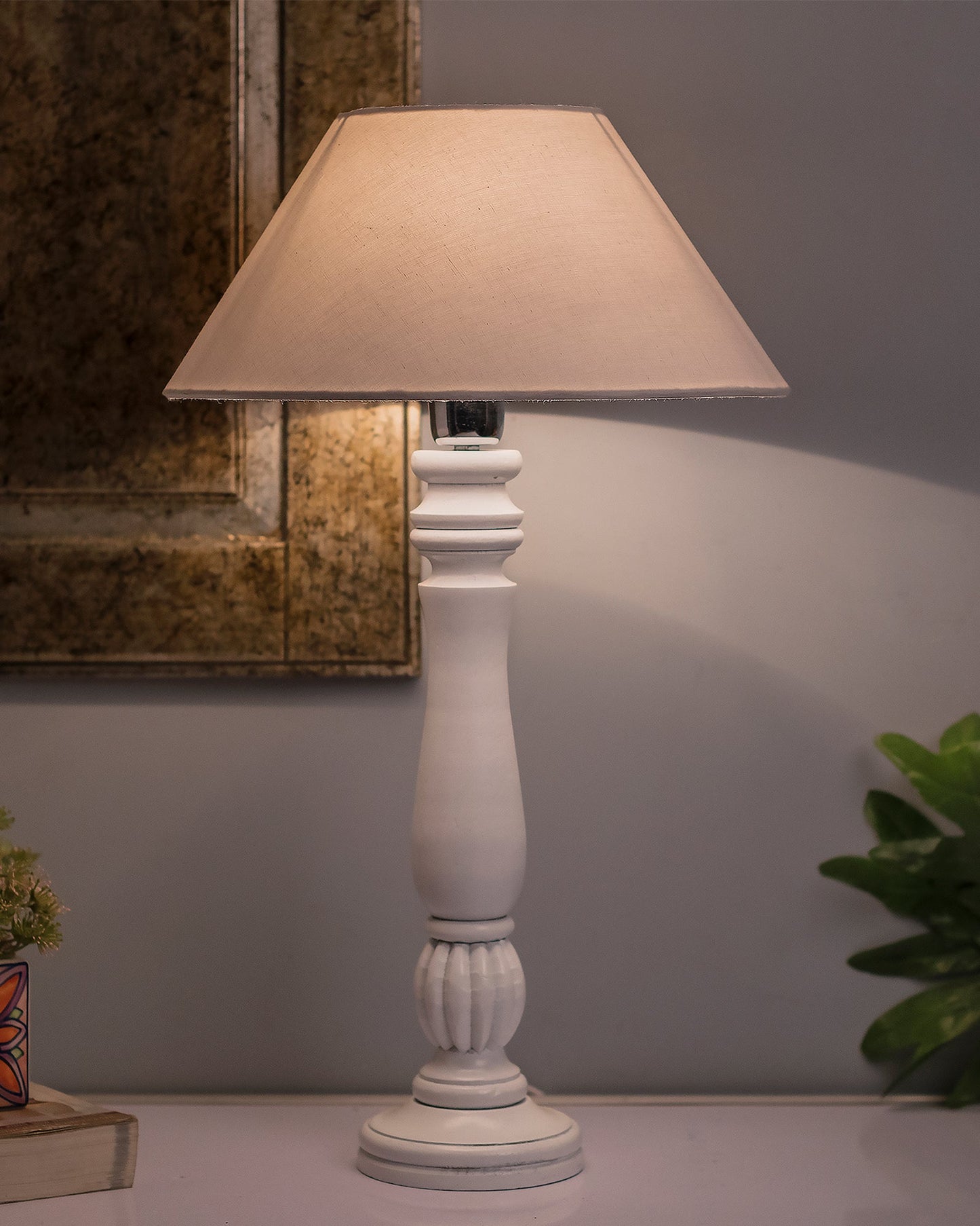 Classic Victorian White Wood Table Lamp With Shade